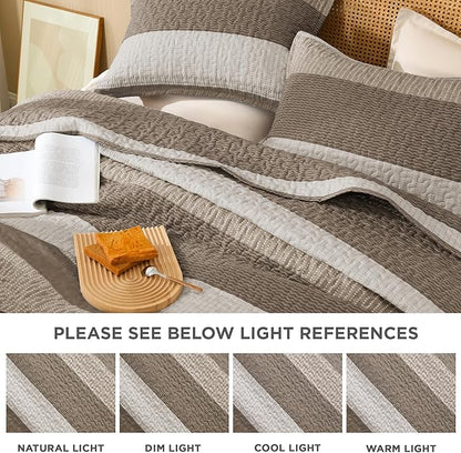 Litanika Quilt Queen Size Hazel, Stripe Patchwork Summer Bedspread Coverlet 3 Pieces, Soft Lightweight Microfiber Quilted Bedding Set for All Season(1 Quilt, 2 Pillowcases)