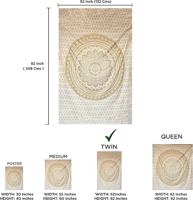 raajsee Gold Mandala Tapestry Bedroom Aesthetic - Indie Wall Tapestries Hippie Room Decor - Boho White Trippy Wall Hanging - Golden Mandalas Wall Art 52x82 inches