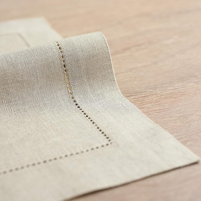 Solino Home Linen Placemats Set of 4 - Classic Hemstitch Natural Placemats 14 x 19 Inch - 100% Pure Linen Table Mats for Holiday, New Year