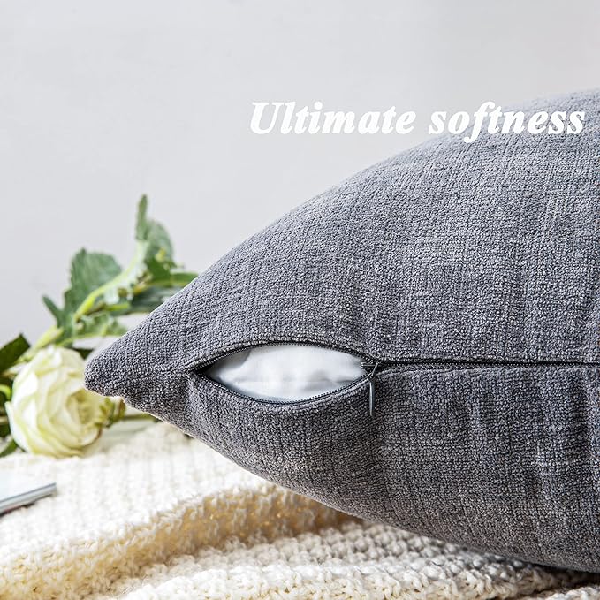 GAWAMAY Decorative Chenille Throw Pillow Covers 26x26 Inch Pack of 2, Soft Square Couch Pillow Cover for Sofa Cushion Living Room Bedroom Solid Dyed Oversized Pillowcases Grey 66x66cm (ONLY Covers)
