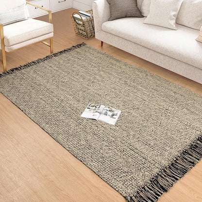 Collive 4x6 Area Rug, Natural/Black Woven Cotton Washable Modern Bedroom Rugs, Boho Dining Room Door Rug Carpet with Tassel for Living Room Nursery Room Office, Outdoor Rug for Patio Hallway Decor