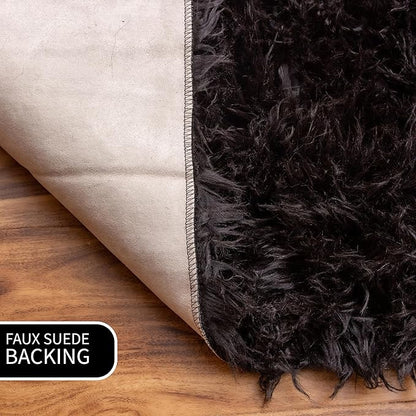 Super Area Rugs Ultra Soft & Fluffy Faux Sheepskin Rug, Black 2 x 6 Feet Sheepskin Carpet for Bedroom Living Room