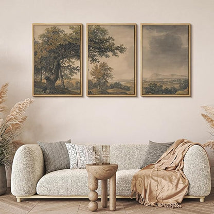 MUDECOR Framed Wall Art Print Set Vintage Landscape Rustic Tree and Mountain View Illustrations Decorative Colorful for Living Room, Bedroom, Office - 16"x24"x3 Natural
