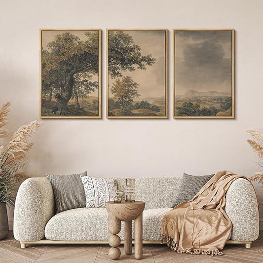 MUDECOR Framed Wall Art Print Set Vintage Landscape Rustic Tree and Mountain View Illustrations Decorative Colorful for Living Room, Bedroom, Office - 16"x24"x3 Natural