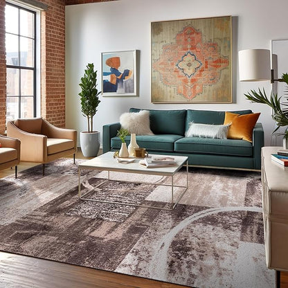 Rugshop Contemporary Abstract Circle Design Area Rug, Fade-Resistant Carpet for Living Room, Dining Room, or Office, Brown, 8'8" x 12'