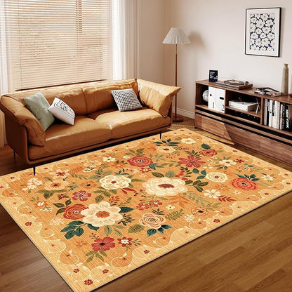 DUKINO 9x12 Area Rug, Floral Rugs for Living Room, Lightweight Non Slip Washable Rug, Indoor Low Pile & Non-Shedding Boho Design Rugs for Bedroom, Living Room, Dining Room, Orange