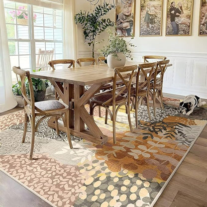 DEXDE Fall Large Area Rugs 9x12 Living Room, Floral Washable Rug Boho Print Vintage Low Pile Non Slip Carpet for Bedroom Kids Room Nursery Office Dinning Room,Camel