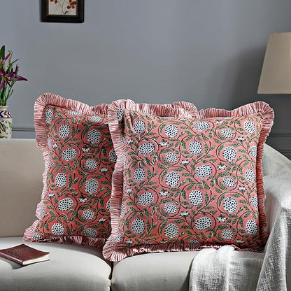 Ridhi Modern Farmhouse Pillow Covers Decorative Cotton Throw Pillow Covers Set of 2 Dark Salmon Pink Cushion Covers with Ruffle for Couch Sofa Bed Living Room Spring Home Decor 20x20