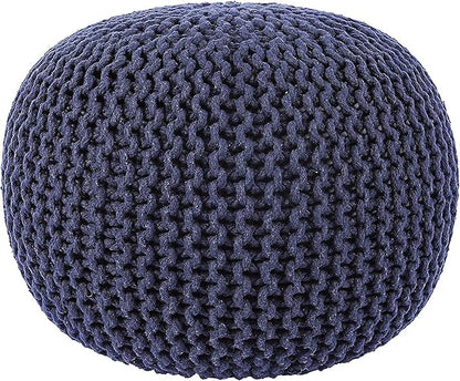 REDEARTH · Round Pouf Foot Stool Bean Bag Ottoman - Cable Knitted Cord Boho Pouffe - Poof Accent Bean Bag - Handmade by Artisans for Living Room - Bedroom (19.5"x19.5"x14") - Navy Blue, Set of 2