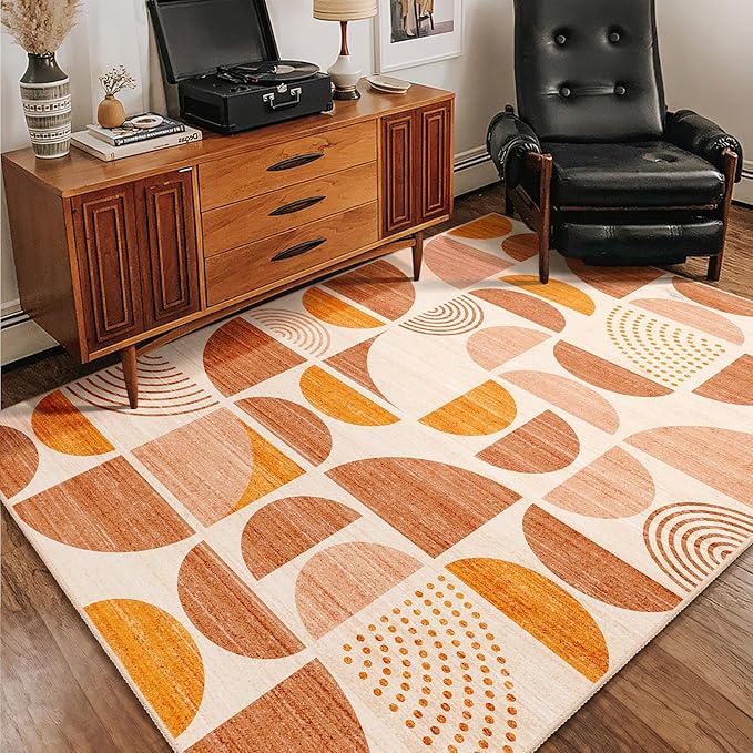 MUJOO Boho Rug Washable,4x6.5 Area Rugs for Bedroom Living Room Bedside Office,Throw Floor Carpet Non Slip Soft Indoor Modern Abstract Bohemian Orange