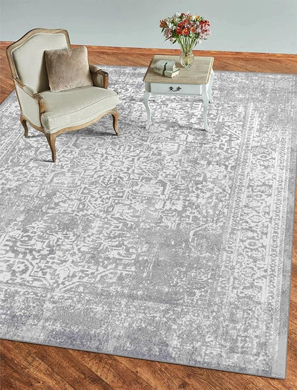 vivorug 3x5 Neutral Area Rugs, Stain Resistant Washable Rug for Living Room, Vintage-Inspired (Ivory/Silver, 3'x5')