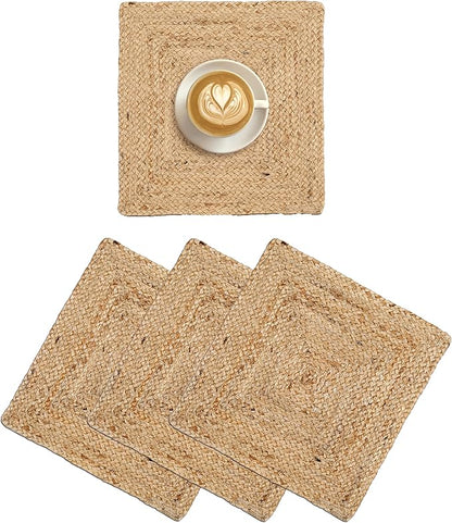 Hausattire Jute Braided Placemats 14x14 Inches Set of 4 Reversible Handwoven Boho Vintage Placemats for Kitchen Dining Tables|BBQ's Thanksgiving Decor Weddings Indoor & Outdoor Parties|Natural