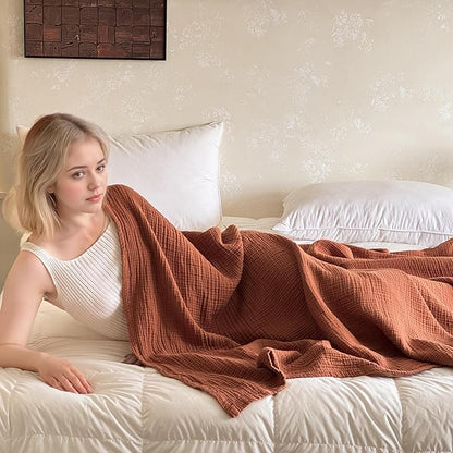 Simple&Opulence 100% Cotton Muslin Blanket Queen Size, Lightweight Breathable 4 Layering Gauze Blanket for Bed Couch Camping, Soft Bedspread Coverlet All-Season Use (Rust Orange, 88" x 92")