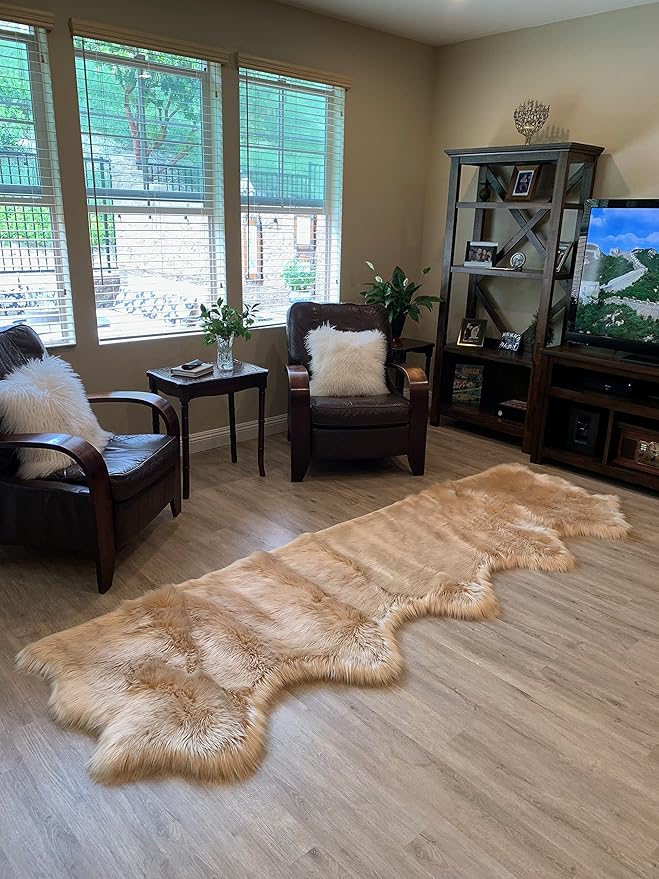 LAMBZY Faux Sheepskin Super Soft Hypoallergenic Silky Shag Rug for Living Room, Kids Room, Sofa (5 Pelts Side by Side 3'x10', Beige)