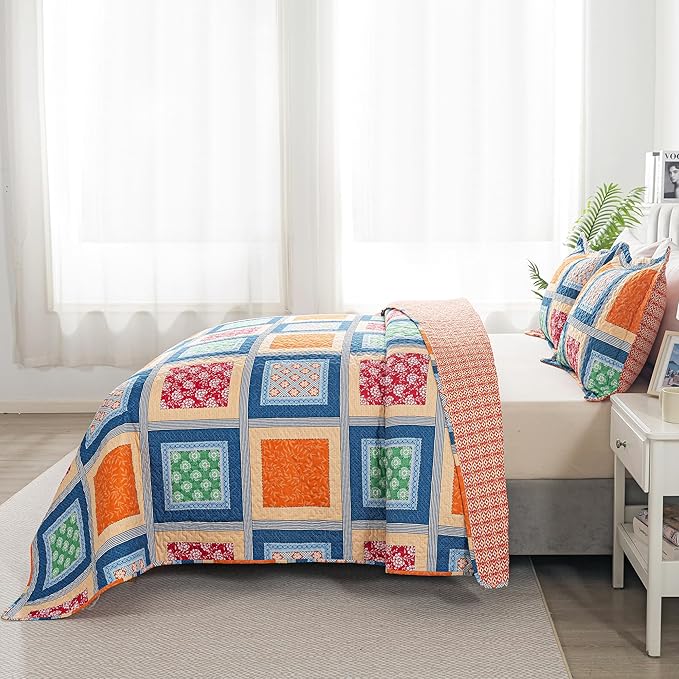 HoneiLife King Quilt Bedding Set - Rustic Quilt Sets 3-Piece,Patchwork Bedspreads for King Bed,Lightweight Coverlets Microfiber Bed Cover, Quilt King Size All Season Quilts-Orange