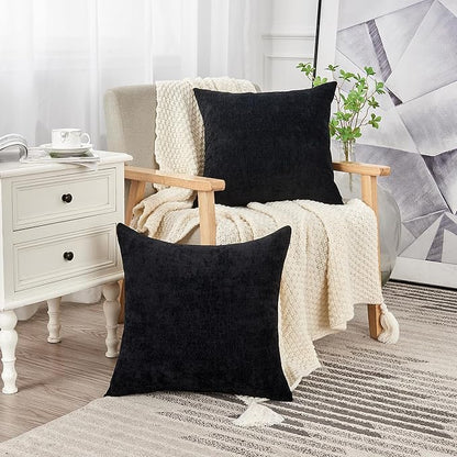 GAWAMAY Decorative Square Throw Pillow Covers 20"x20" Inch Set of 2, Super Soft Chenille Pillows Farmhouse Fall Pillowcase for Living Room Bedroom Sofa Couch Cushion Cover Black 50x50cm (No Insert)