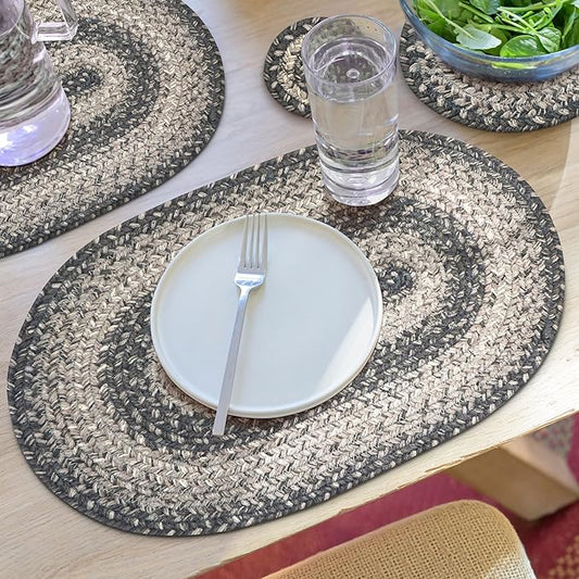 Homespice Flint Hill Jute Braided Placemats, Warm Primitive Decor, Set of 4, Grey 13x19 Oval Table Mats - Vibrant Colors, Durable, Easy to Clean and Protects Furniture