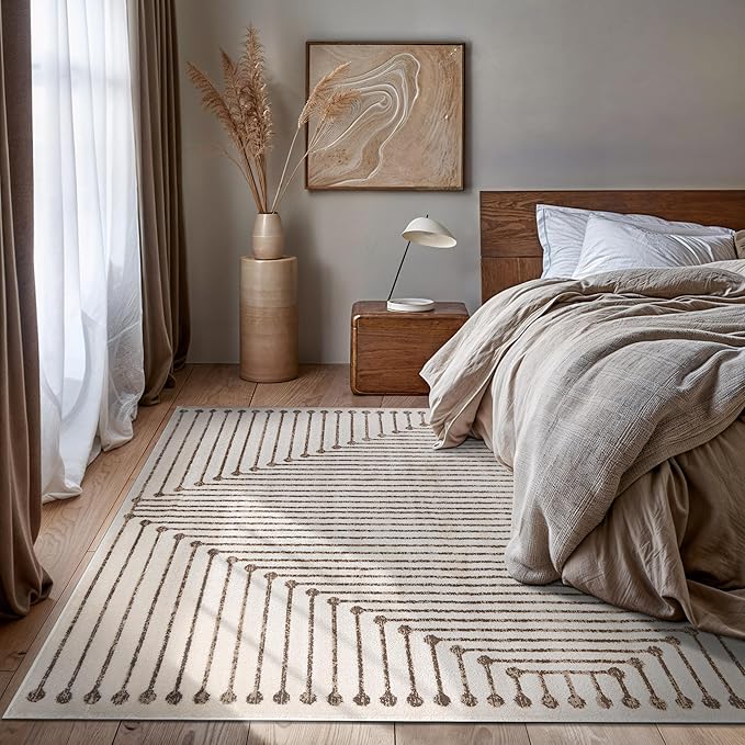 Rugshop Beige and Brown Geometric Area Rug – Soft Abstract Line Pattern Carpet for Living Room, Bedroom, or Office – Contemporary Neutral Decor Accent 7' 10" x 10' Beige
