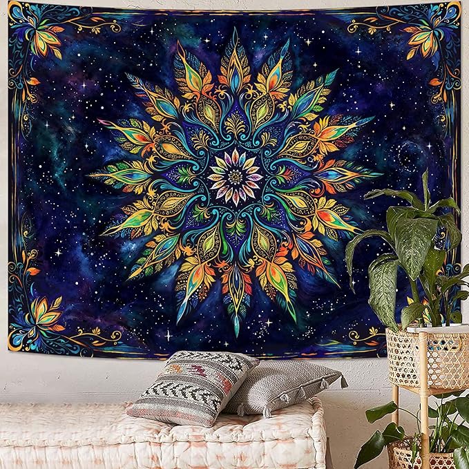 Fowocu Boho Floral Mandala Tapestry for Bedroom Aesthetic Blue Bohemian Colorful Flower Wall Tapestry Purple Hippie Indian Large Tapestries Wall Hanging for Living Room Dorm Decor 80 x 60 Inch