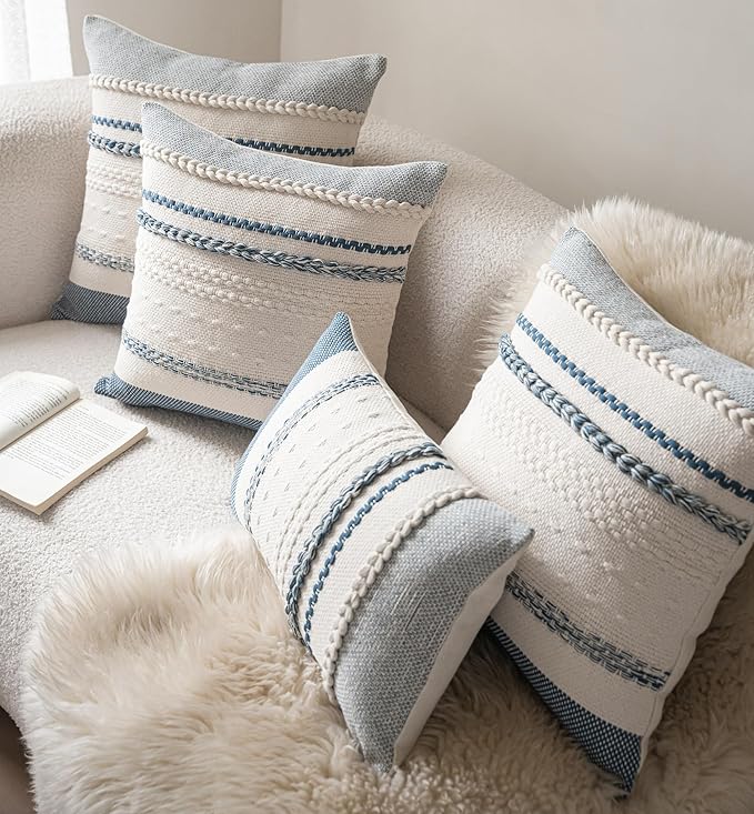 Boho Throw Pillow Covers 20x20 Inch Set of 2, Blue Textured Decorative Couch Pillow Cases for Farmhouse Home Decor, Accent Cushion Cover for Sofa, Bed, Living Room, Bedroom