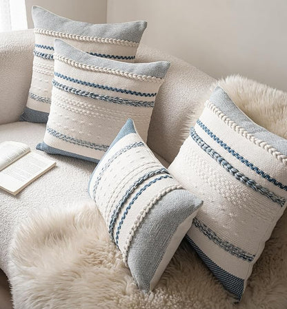 Boho Throw Pillow Covers 20x20 Inch Set of 2, Blue Textured Decorative Couch Pillow Cases for Farmhouse Home Decor, Accent Cushion Cover for Sofa, Bed, Living Room, Bedroom