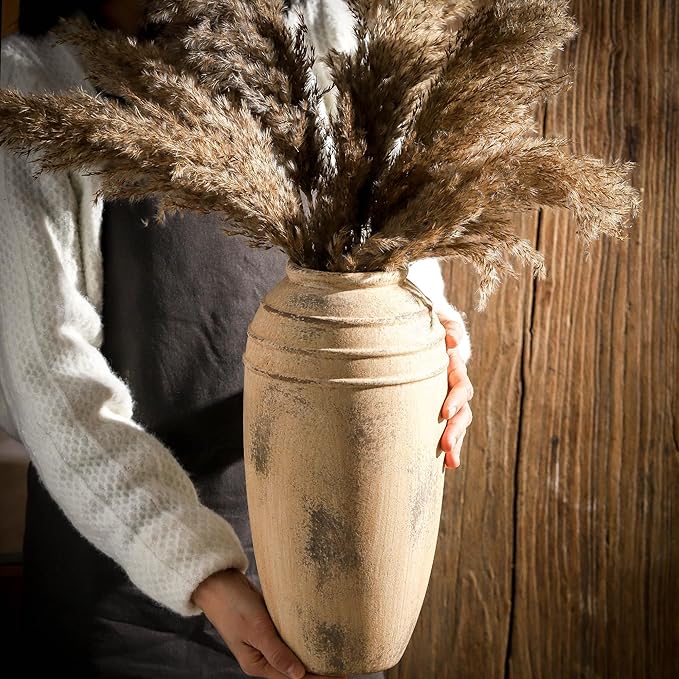Ceramic Flower Vase with Handles, 12 inch Tall Vase for Centerpieces, Large Decorative Terracotta Vases, Farmhouse Rustic Vases for Home Decor, Living Room, Table, Neutral vase Lyeec