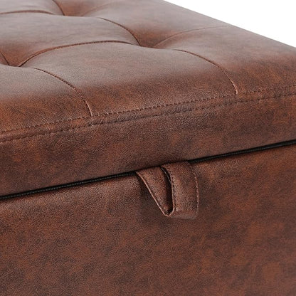 Adeco Small Faux Leather Storage Ottoman Bench with Wood Legs, Square Red & Brown PU Cube Foot Stool, Upholstered Button Tufted Vanity Chair with Hinged Lid for Living Room, Bedroom, Dorm