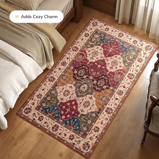 Lessymo Moroccan Area Rugs 3x5, Fauxwool Washable Area Rug for Bedroom Entryway Living Room, Non-Slip Multicolor Oriental Rug, Low Plie Boho Vintage Area Rug, Kid & Pet Friendly, Classic Red and Cream