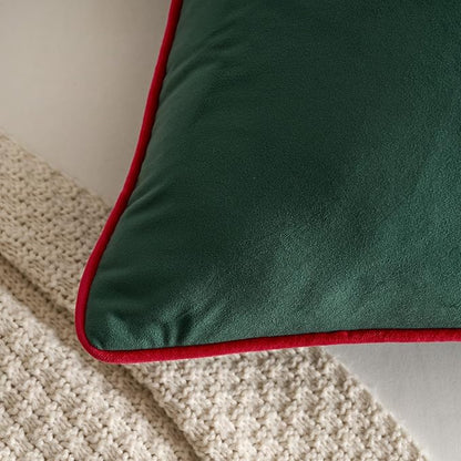 LIGICKY Christmas Long Lumbar Pillow Cover 14x36 inch Red Velvet Dark Green Rope Edging Throw Pillow Covers Decorative Rectangular Body Pillow Case Accent Textured Cushion Cover for Bed Couch