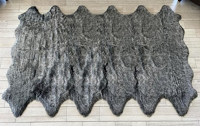 Free Shape Luxury Soft Fluffy Shag Area Rug Duo Decto 12 Pelts 6'x12', 180x360cm - Vegan Fur Ultra Soft Indoor Carpet Nursery Rugs for Bedroom Home Decor, Black with White Tips