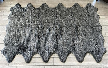 Free Shape Luxury Soft Fluffy Shag Area Rug Duo Decto 12 Pelts 6'x12', 180x360cm - Vegan Fur Ultra Soft Indoor Carpet Nursery Rugs for Bedroom Home Decor, Black with White Tips