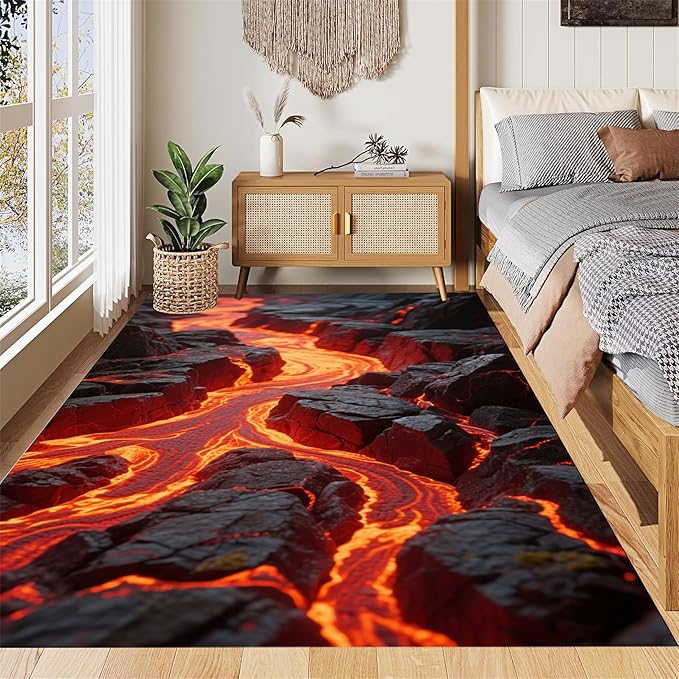 3D Lava Crack Area Rug 6x8ft, Optical Illusion Huge Fissure Carpet, Non-Slip Washable Low Pile Mat for Living Room, Bedroom, Unique Home Decor & Gift Idea