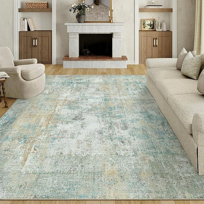 10x12 Area Rug Teal Beige Abstract Living Room Bedroom Washable Carpet Neutral Modern Non-Slip Soft Low Pile Lightweight Vacuumable Large Throw Rug for Dining Room