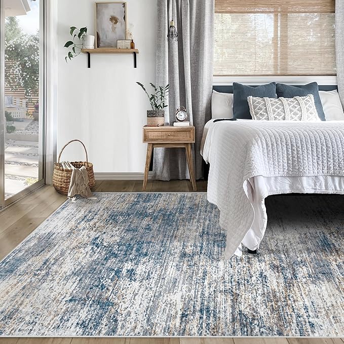 5x7 Area Rugs for Living Room, Washable Modern Abstract Large Area Rug Neutral Soft Non Slip Kids Rug Stain Resistant Indoor Carpet for Bedroom Nursery Dining Room Home Office(BlueWhite, 5'x7')