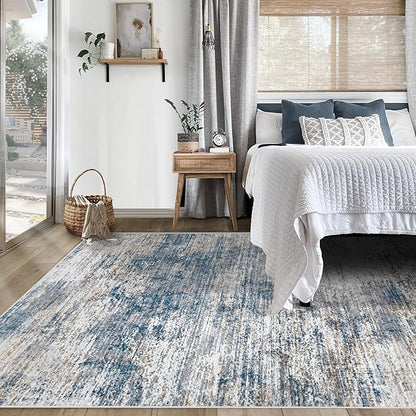 5x7 Area Rugs for Living Room, Washable Modern Abstract Large Area Rug Neutral Soft Non Slip Kids Rug Stain Resistant Indoor Carpet for Bedroom Nursery Dining Room Home Office(BlueWhite, 5'x7')