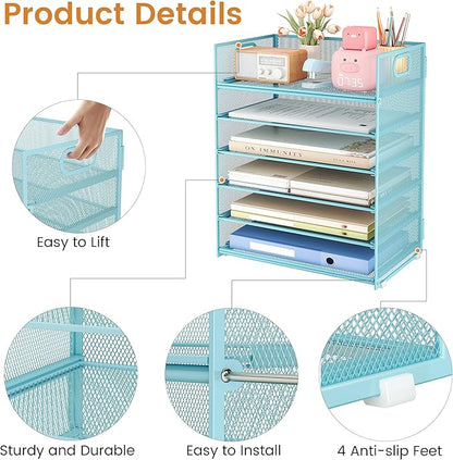 Subekyu 6 Tier Office File Paper Desk Tray Organizer with Handle, Stackable Slide Mesh Letter Tray Folder Blue Desk Organizer, Desktop Document Sorter for Classroom, Office, Home Supplies Storage