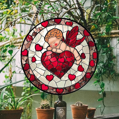 Stained Glass Window Hanging - Red Love Angel Sun Catcher for Door Garden Home Decor Cute Suncatcher Christmas Mother's Day Birthday for Women Men Mom Nana 7.8 in