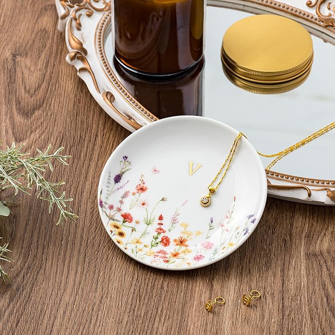 Crisky Initial Jewelry Tray Ring Dish & Gift Box, Ceramic Flower Trinket Dish for Rings Earrings Necklaces Keys, Bridal Shower Engagement Birthday Gift for Women, Friends 4.57" (Gold Foil V