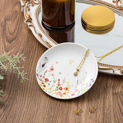 Crisky Initial Jewelry Tray Ring Dish & Gift Box, Ceramic Flower Trinket Dish for Rings Earrings Necklaces Keys, Bridal Shower Engagement Birthday Gift for Women, Friends 4.57" (Gold Foil V