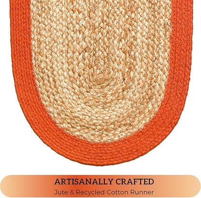 CHARDIN HOME Verona Oval Woven Jute & Cotton Braided Table Runner, Size -13 x 36 Inches, Color - Natural Jute with Rust Orange Border Thanksgiving Table Decor