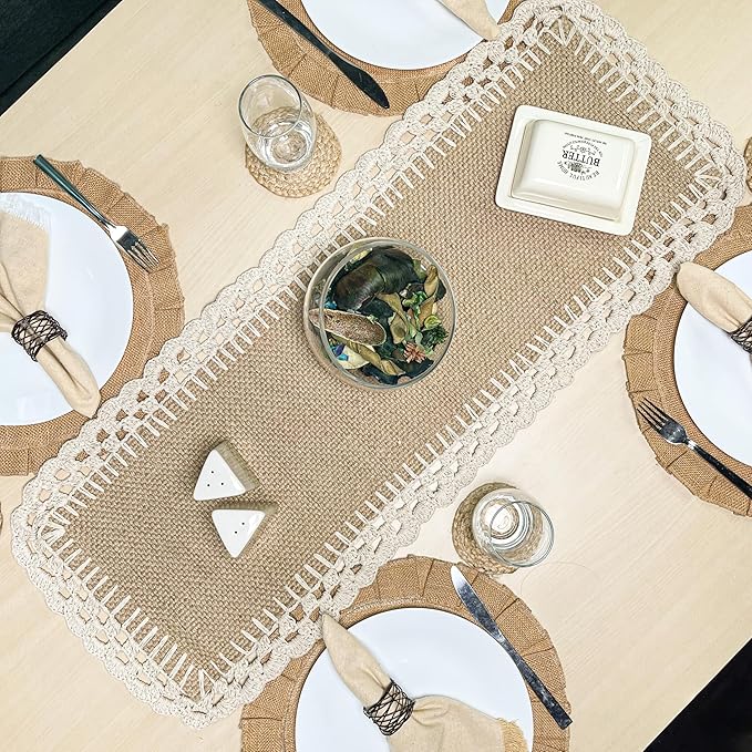 Chardin Home Woven Jute with Ivory Handcrafted Crochet Border Decorative Table Runner, 13x36 Inch, Artisanally Crafted Rustic Farmhouse Table Topper, Perfect for Tables