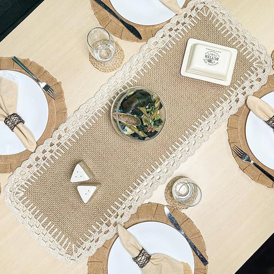 Chardin Home Woven Jute with Ivory Handcrafted Crochet Border Decorative Table Runner, 13x36 Inch, Artisanally Crafted Rustic Farmhouse Table Topper, Perfect for Tables