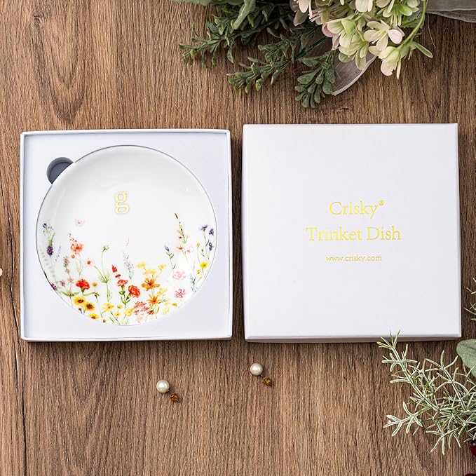 Crisky Initial Jewelry Tray Ring Dish & Gift Box, Ceramic Flower Trinket Dish for Rings Earrings Necklaces Keys, Bridal Shower Engagement Birthday Gift for Women, Friends 4.57" (Gold Foil G