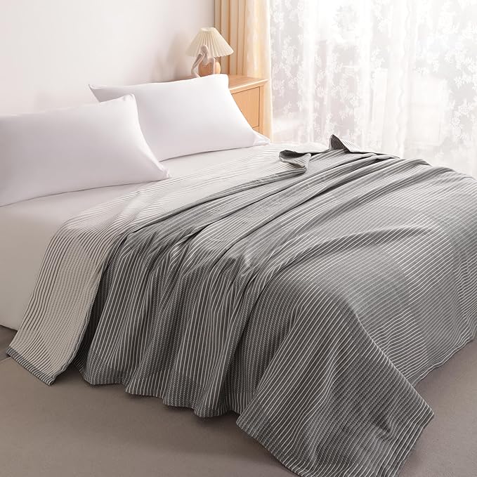 NTBAY 3 Layers Cotton Muslin 68x92 Twin Bed Blanket, Super Soft Breathable Thermal Yarn Dyed Quilt for Adults, Perfect Lightweight Blanket for Couch Sofa Bed All Seasons, Grey Striped