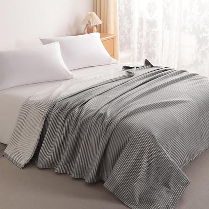 NTBAY 3 Layers Cotton Muslin 68x92 Twin Bed Blanket, Super Soft Breathable Thermal Yarn Dyed Quilt for Adults, Perfect Lightweight Blanket for Couch Sofa Bed All Seasons, Grey Striped