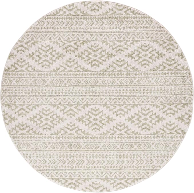 SAFAVIEH Tulum Collection Area Rug - 6'7" Round, Ivory & Sage, Moroccan Boho Tribal Design, Non-Shedding & Easy to Clean, Ideal for Living Room, Bedroom, Dining Space (TUL272H)