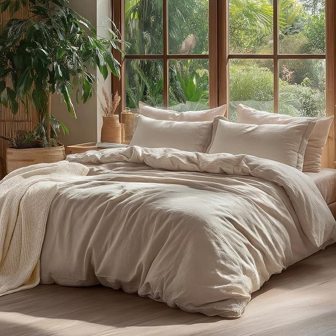 Bedsure 100% Washed Cotton Duvet Cover Oversized King - Frosted Almond Minimalist Cotton Duvet Cover Linen Like - GentleSoft™ Plain Simple Bedding (Frosted Almond, Oversized King, 120"x98")