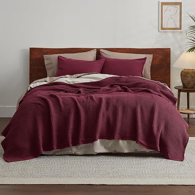 Bedsure Gentlesoft 100% Cotton Blanket Queen Size for Bed - Breathable and Soft, Thick Cozy Waffle Weave Christmas Blanket Gift for Women, Red, 90x90 Inches