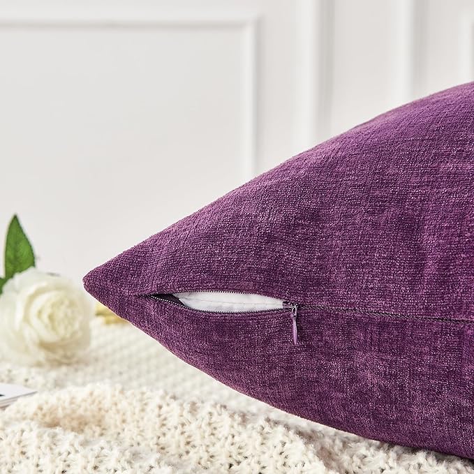 GAWAMAY Decorative Chenille Throw Pillow Covers 24x24 Inch Pack of 2, Soft Square Couch Pillow Cover for Sofa Cushion Living Room Bedroom Solid Dyed Pillowcases Purple 60x60cm (ONLY Covers)