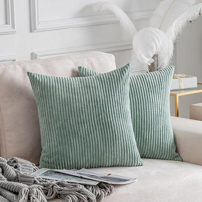 Home Brilliant Spring Pillow Covers 20x20 inch Solid Supersoft Corduroy Stripes Square Throw Pillows for Couch Decor, 50x50cm, 20 x 20 Inch, Iceburg Green